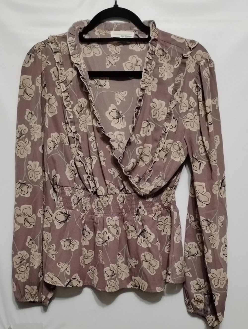 june & hudson Mauve Floral Ruffle Wrap Blouse